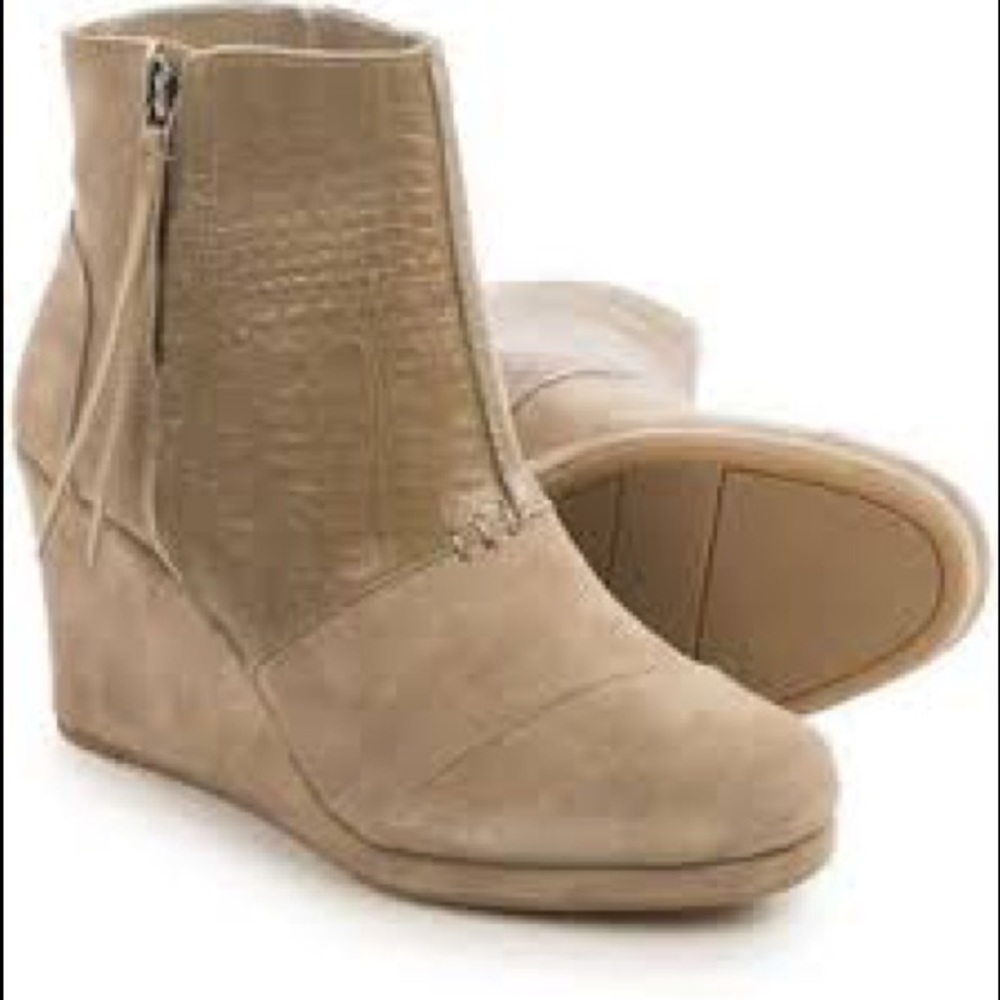 TOMS: Taupe Snakeskin Suede Wedge Bootie Zip Up